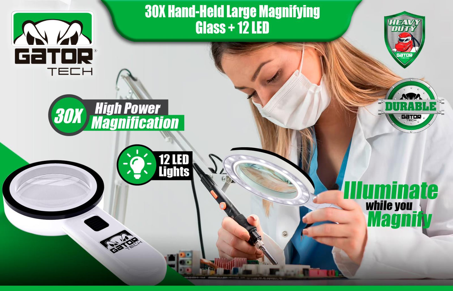 Magnifying Glass Bright LED Light Handheld Jumbo Illuminated 30X Magnifier Large