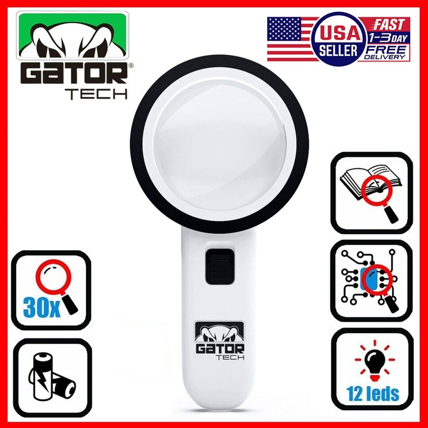Magnifying Glass Bright LED Light Handheld Jumbo Illuminated 30X Magnifier Large