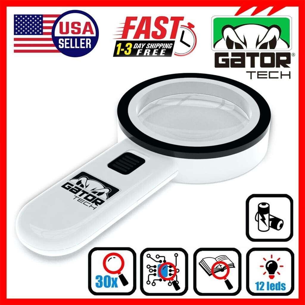 Magnifying Glass Bright LED Light Handheld Jumbo Illuminated 30X Magnifier Large