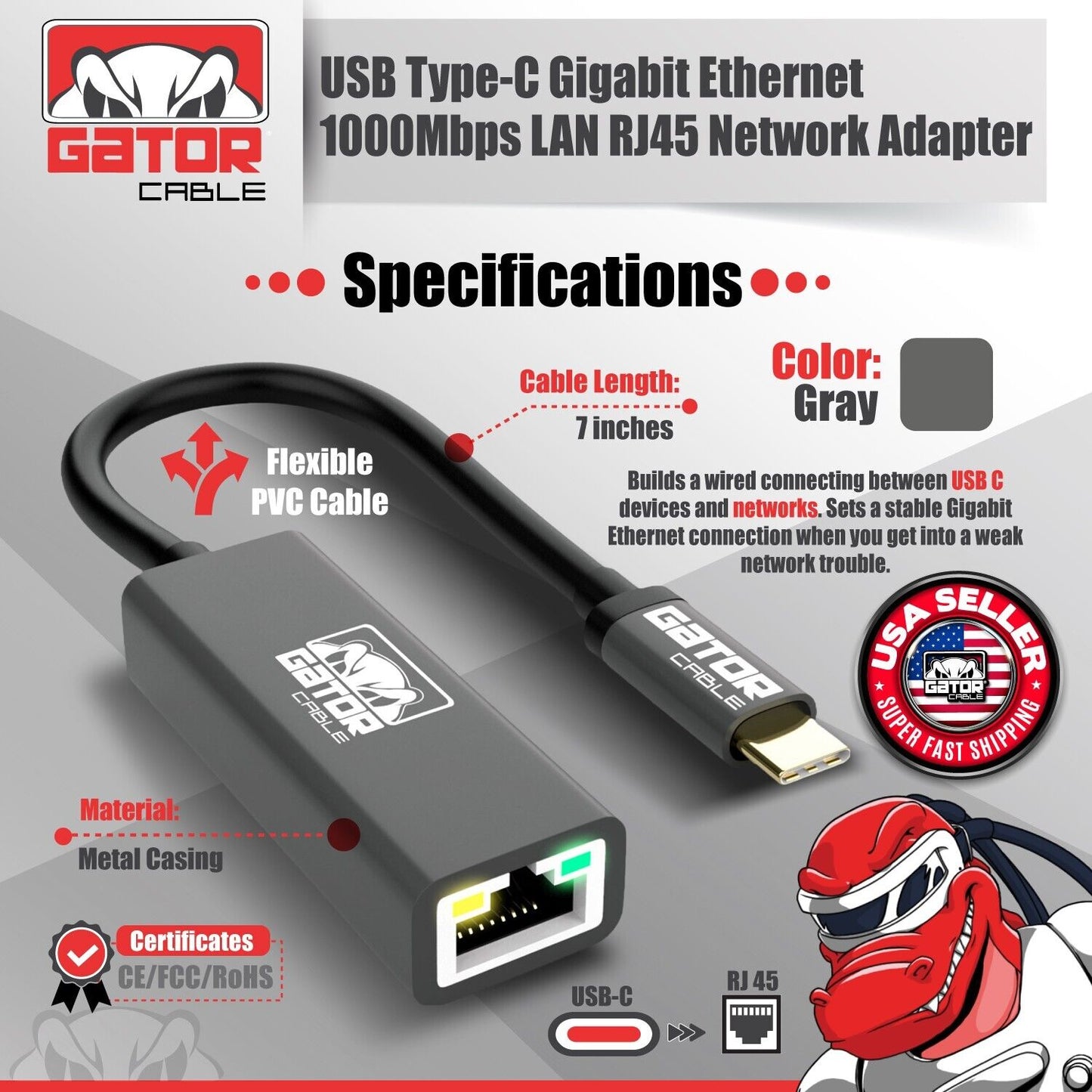 USB-C 3.1 Gigabit Ethernet LAN RJ45 1000Mbps Network Adapter for PC Mac Android