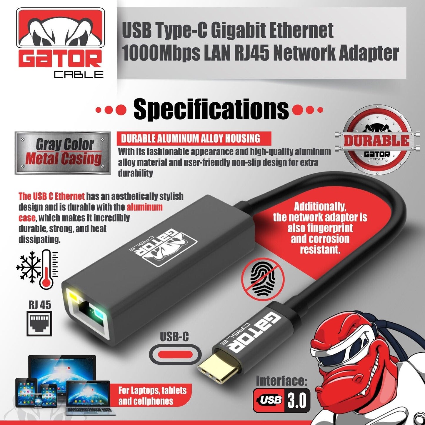 USB-C 3.1 Gigabit Ethernet LAN RJ45 1000Mbps Network Adapter for PC Mac Android