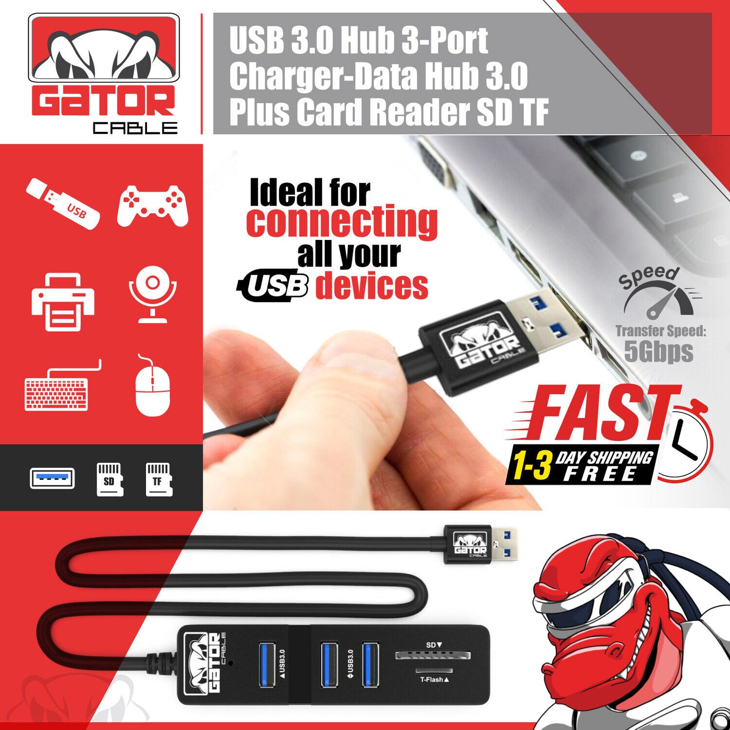 USB 3.0 HUB 3-Port Charger Data Sync SD TF Card Reader for PC Mac Laptop Desktop