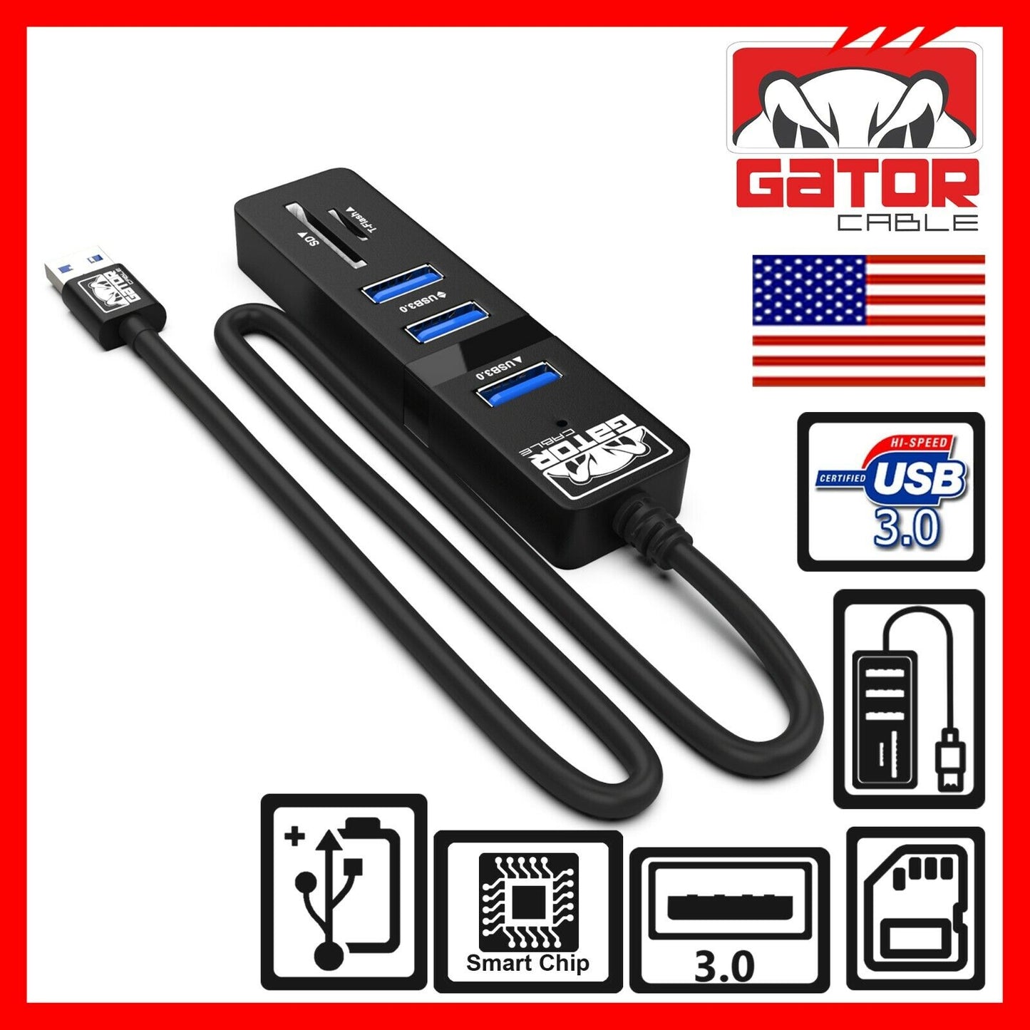 USB 3.0 HUB 3-Port Charger Data Sync SD TF Card Reader for PC Mac Laptop Desktop