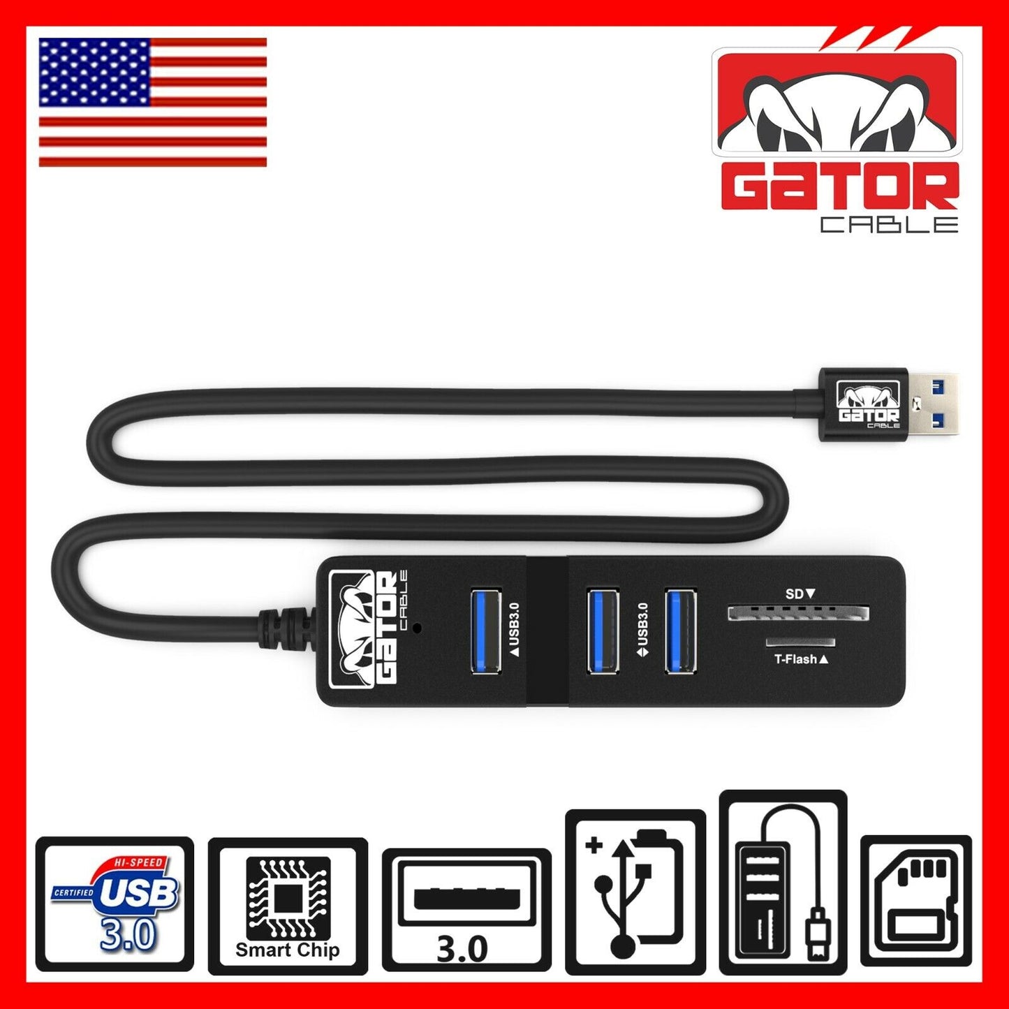 USB 3.0 HUB 3-Port Charger Data Sync SD TF Card Reader for PC Mac Laptop Desktop