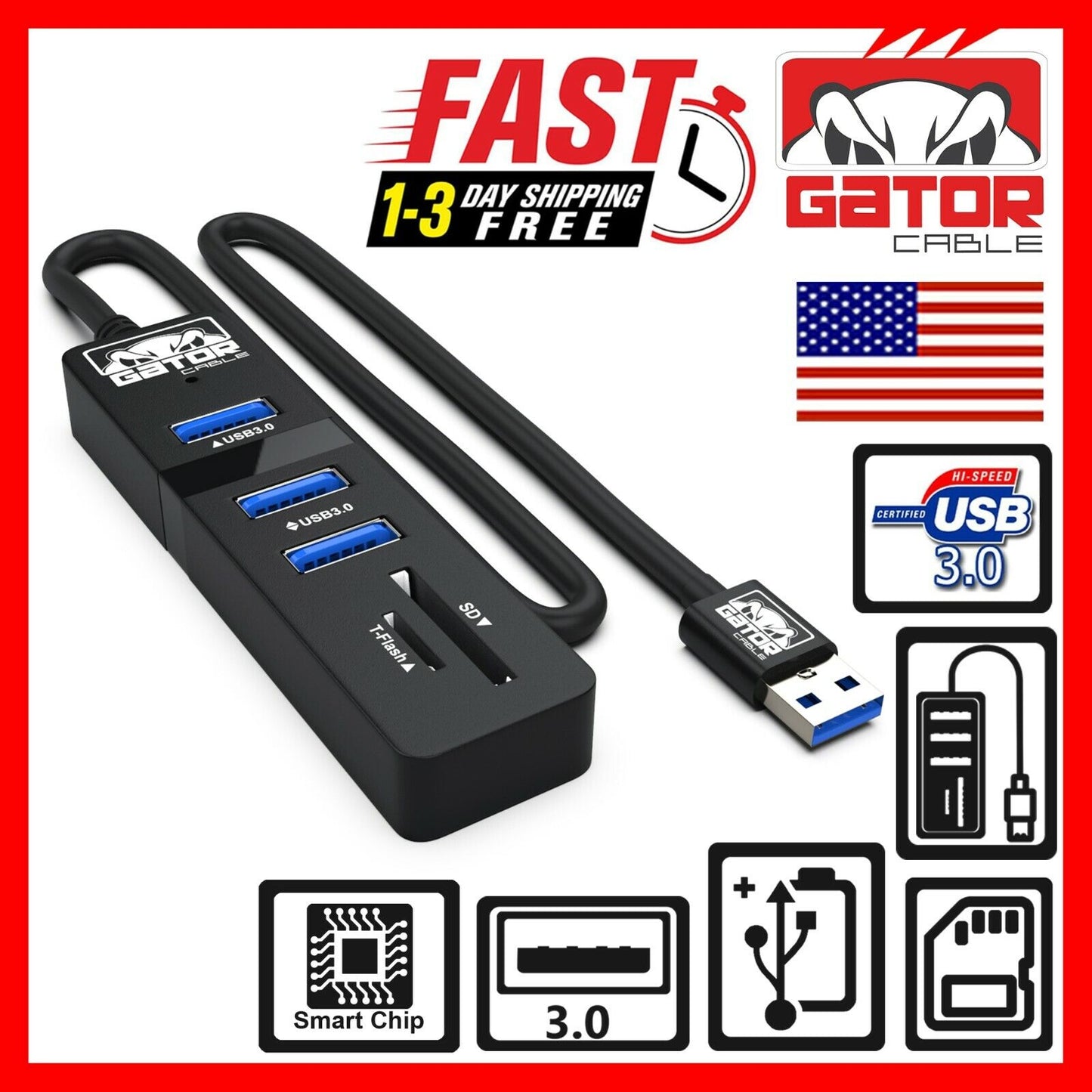 USB 3.0 HUB 3-Port Charger Data Sync SD TF Card Reader for PC Mac Laptop Desktop