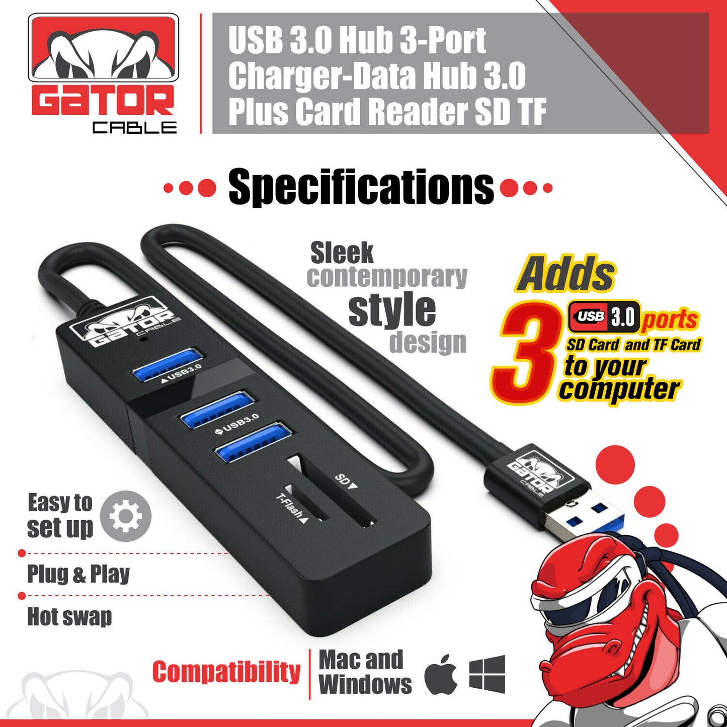 USB 3.0 HUB 3-Port Charger Data Sync SD TF Card Reader for PC Mac Laptop Desktop
