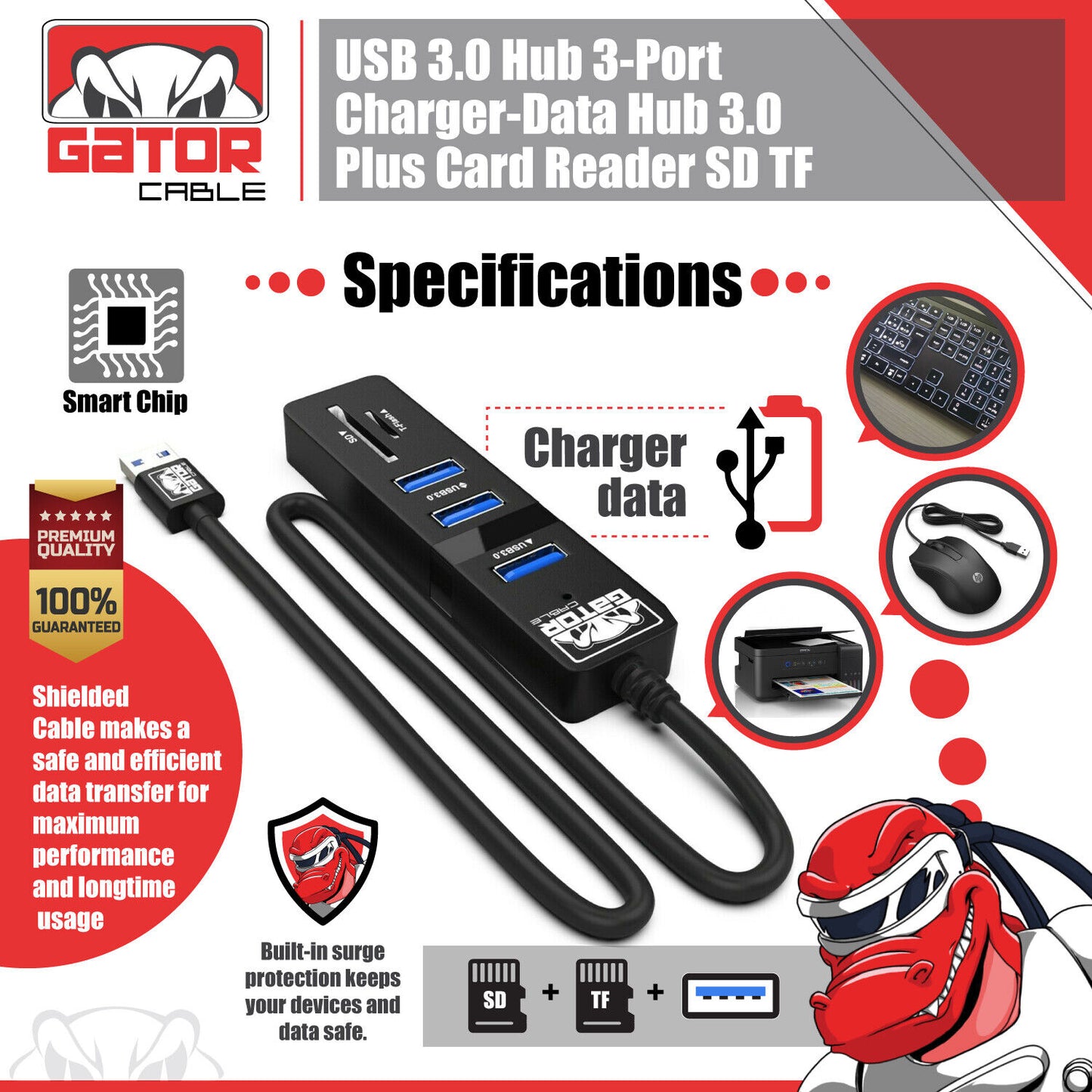 USB 3.0 HUB 3-Port Charger Data Sync SD TF Card Reader for PC Mac Laptop Desktop