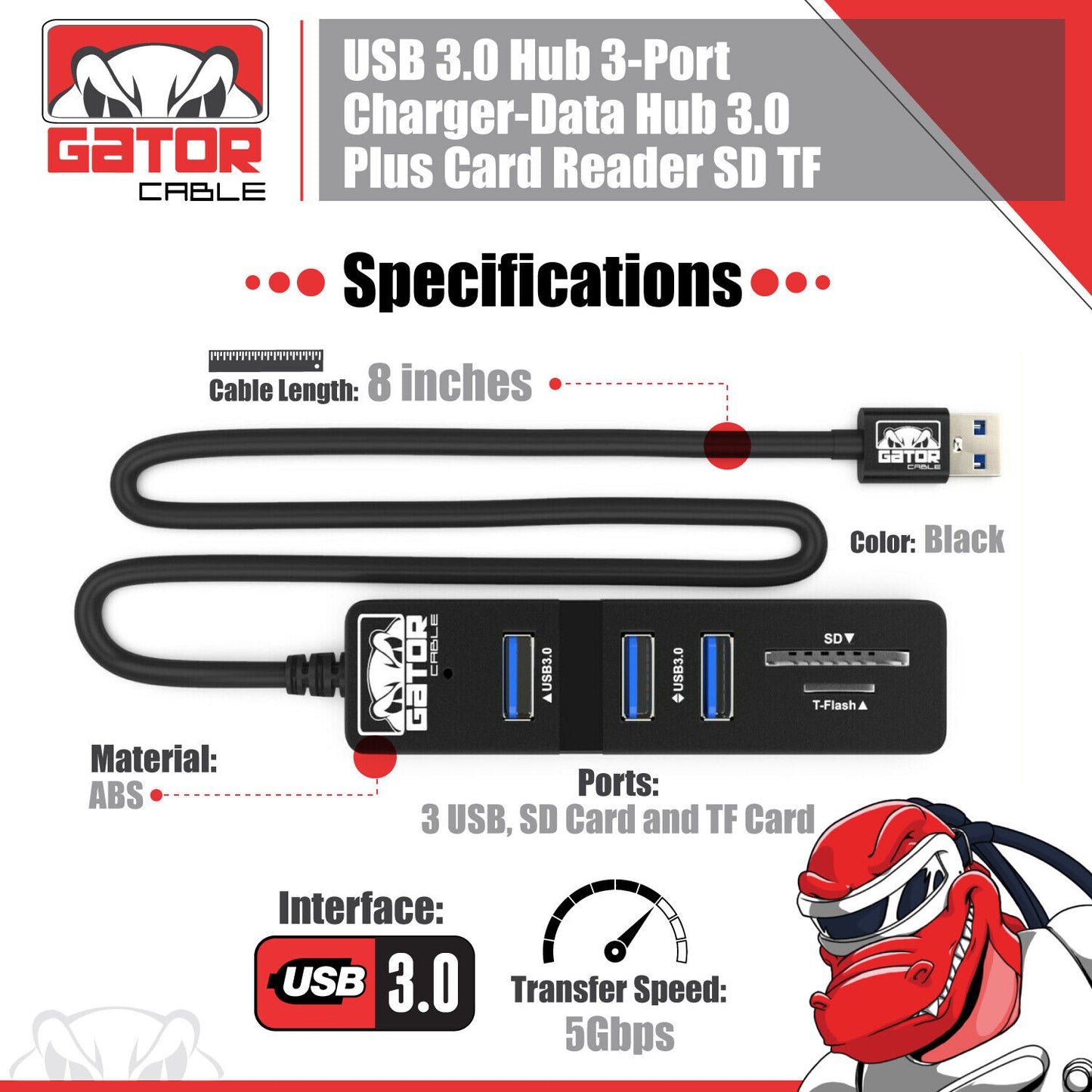USB 3.0 HUB 3-Port Charger Data Sync SD TF Card Reader for PC Mac Laptop Desktop