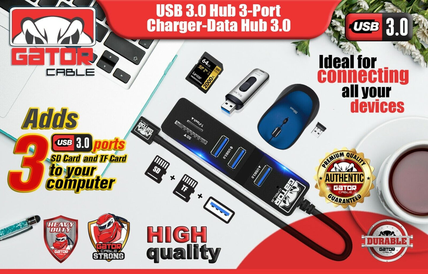 USB 3.0 HUB 3-Port Charger Data Sync SD TF Card Reader for PC Mac Laptop Desktop