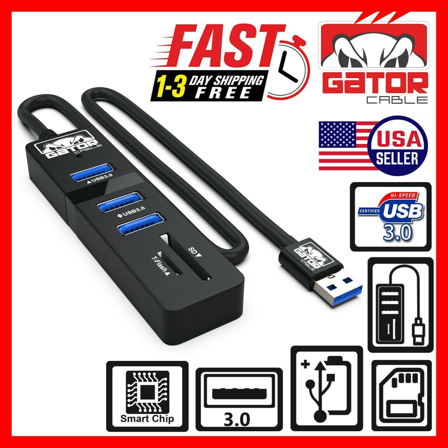 USB 3.0 HUB 3-Port Charger Data Sync SD TF Card Reader for PC Mac Laptop Desktop