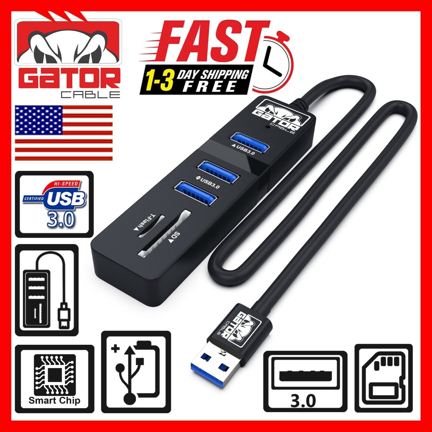USB 3.0 HUB 3-Port Charger Data Sync SD TF Card Reader for PC Mac Laptop Desktop