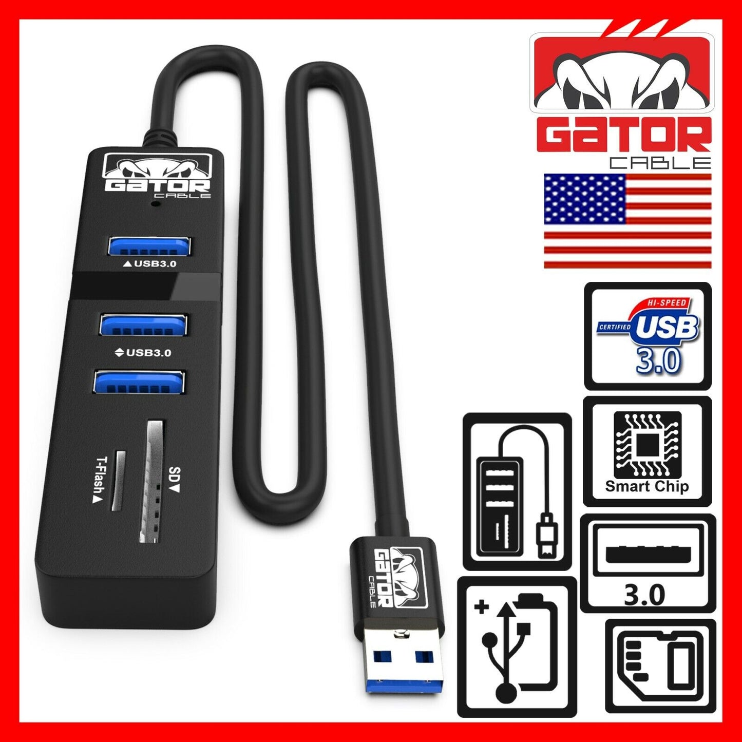 USB 3.0 HUB 3-Port Charger Data Sync SD TF Card Reader for PC Mac Laptop Desktop