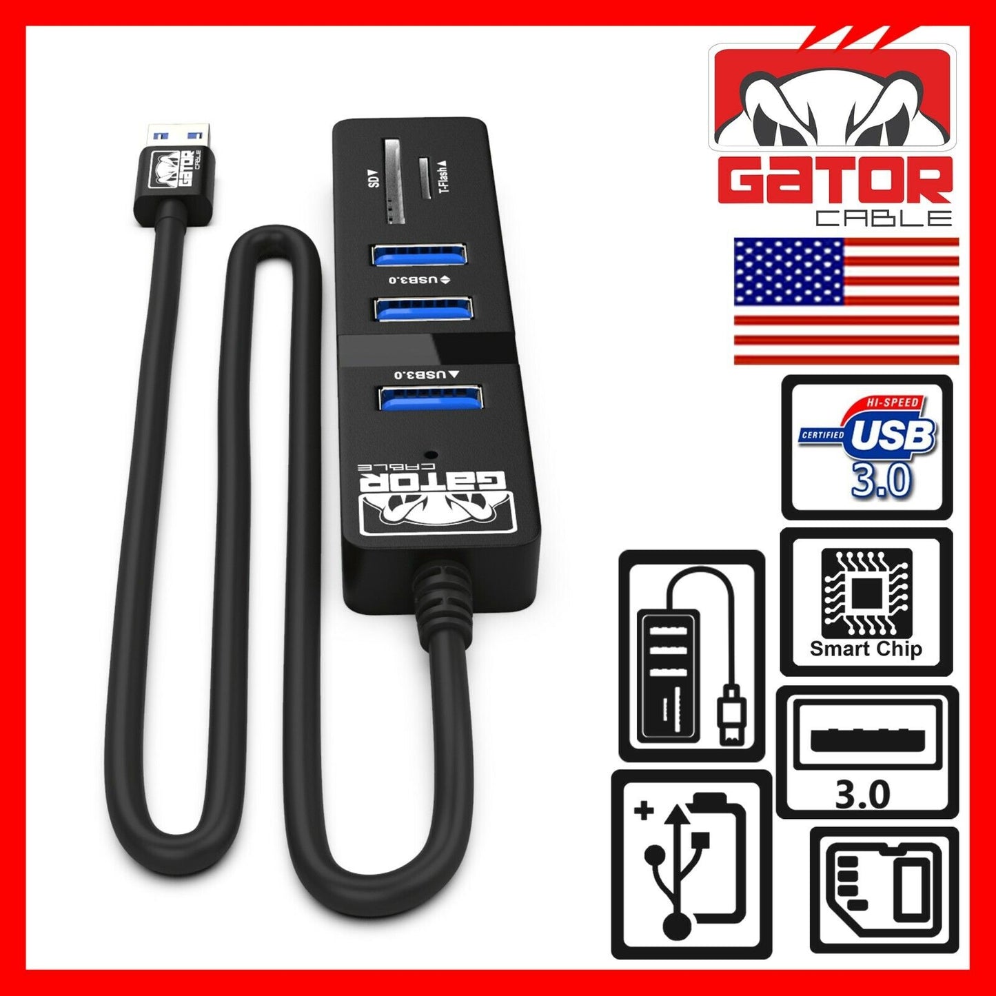 USB 3.0 HUB 3-Port Charger Data Sync SD TF Card Reader for PC Mac Laptop Desktop