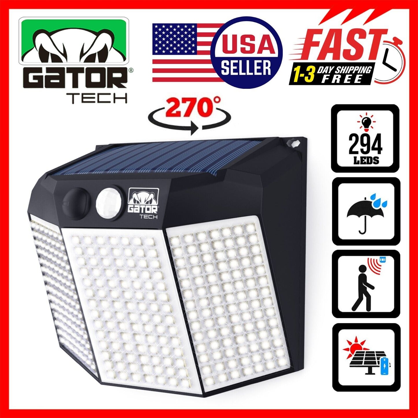 Solar Power 294 LED PIR Motion Sensor Outdoor Security Garden Wall Lamp Light