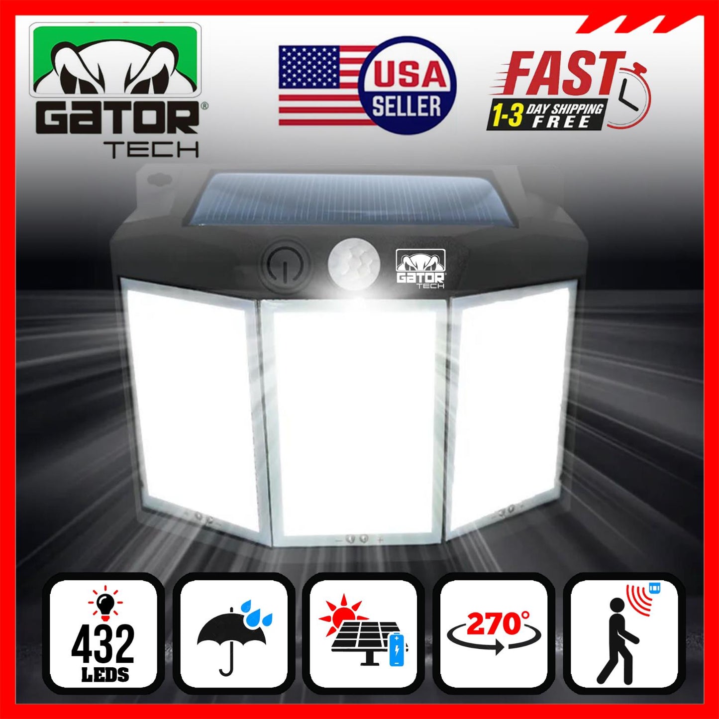 Solar Power 432 LED PIR Motion Sensor Outdoor Security Garden Wall Lamp Light