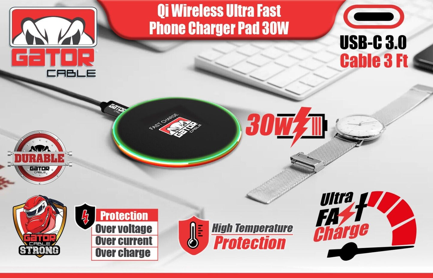 30W Wireless Phone Charger Pad Dock Fast Charge Universal