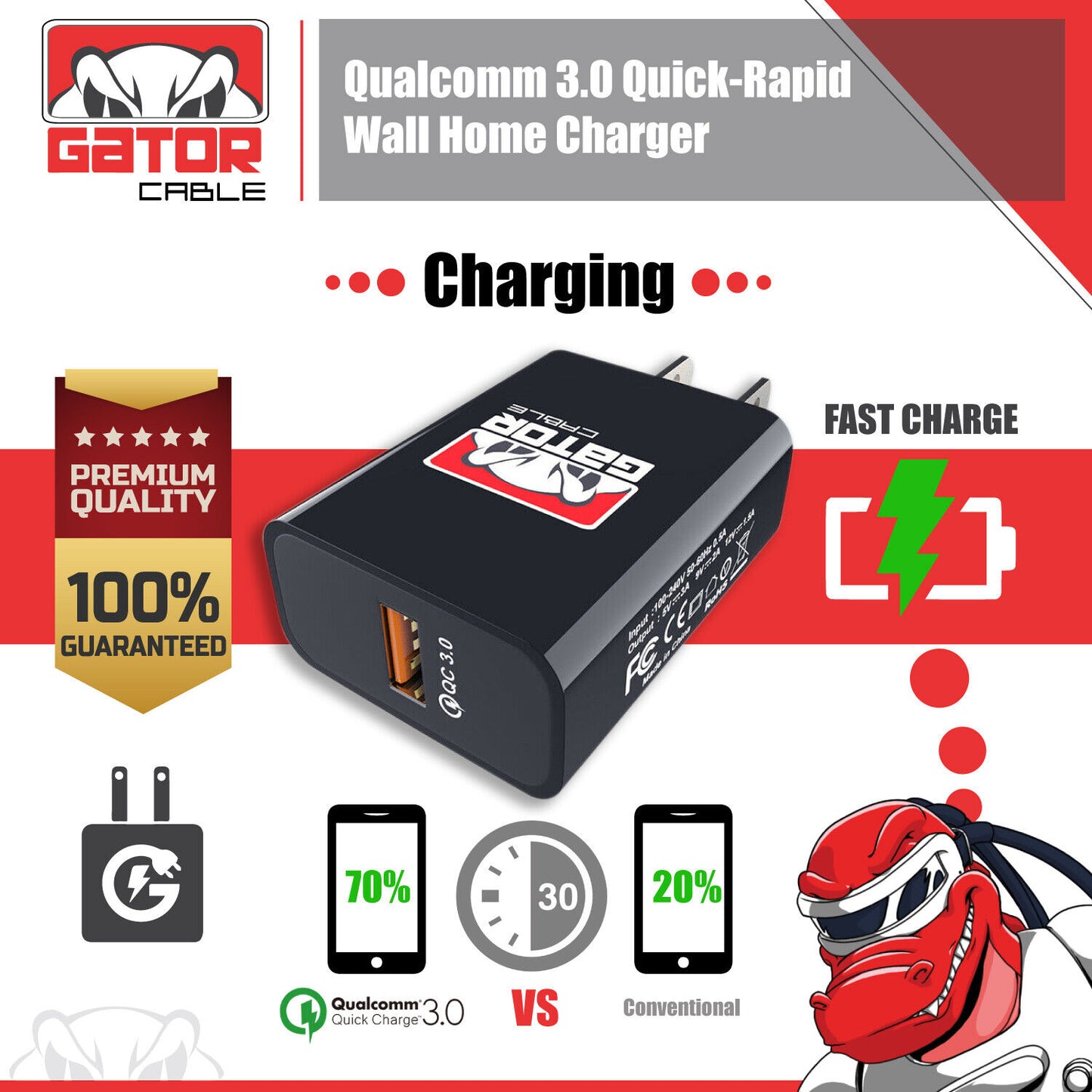 USB 3.0 Wall Home Charger Adapter Power Plug QC Qualcomm Fast Quick Charge 18W
