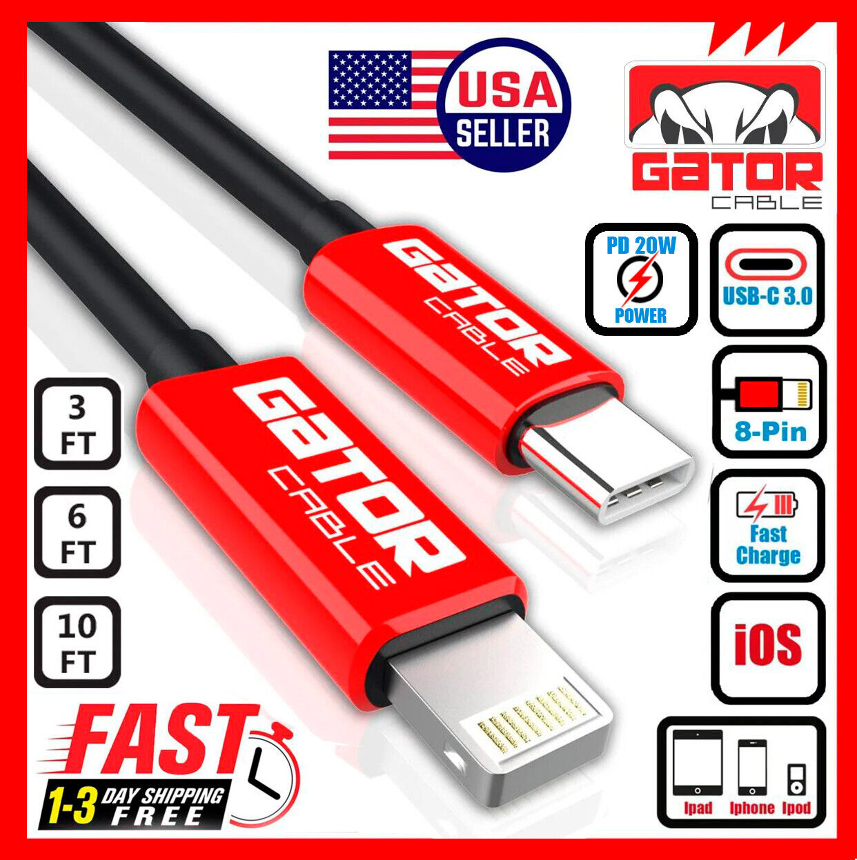 USB-C Charger Cable PD 20W Fast Charge For iPhone 7 8 X 11 12 13 14 Pro Max Plus