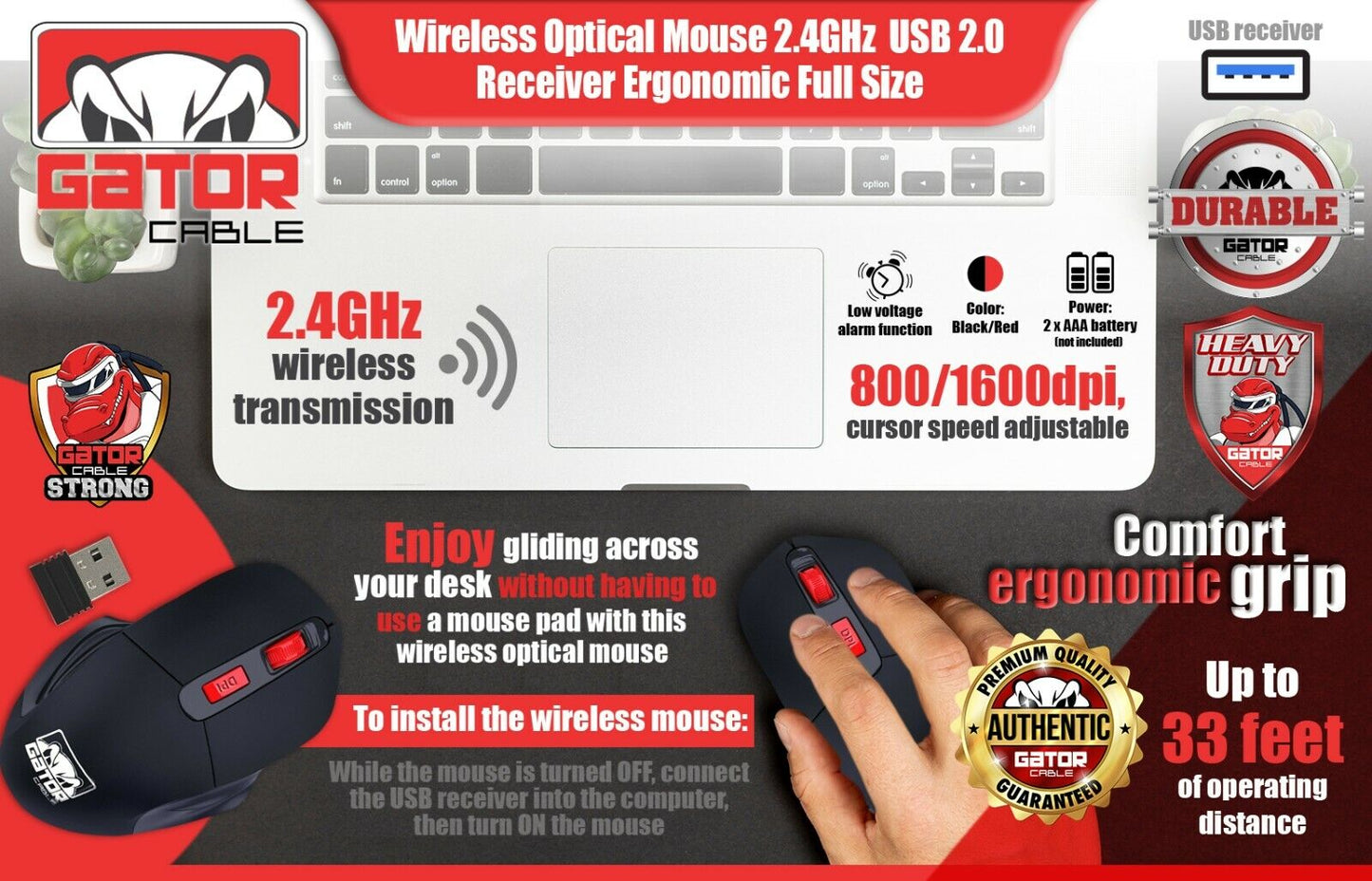 Wireless Optical Gaming Mouse 2.4GHz USB 3.0 Receiver For PC Laptop Computer