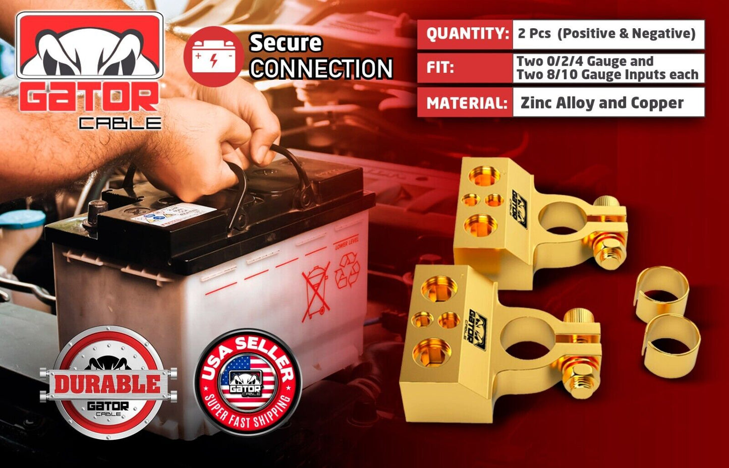 Car Battery Terminals Clamp Post 1/0 2 4 8 GA AWG Gauge Positive Negative Ports