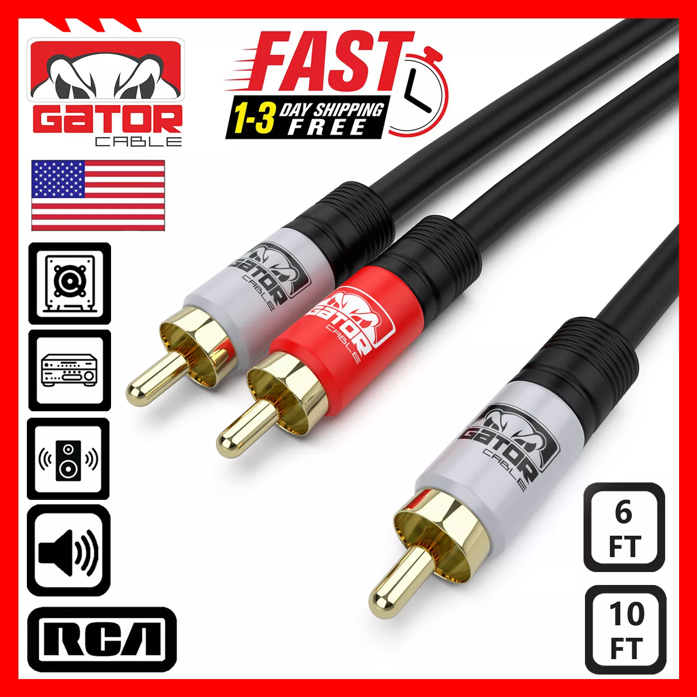 2 RCA to 1 RCA Male Subwoofer Audio Splitter Y Cable Stereo Bass Bi-Direction