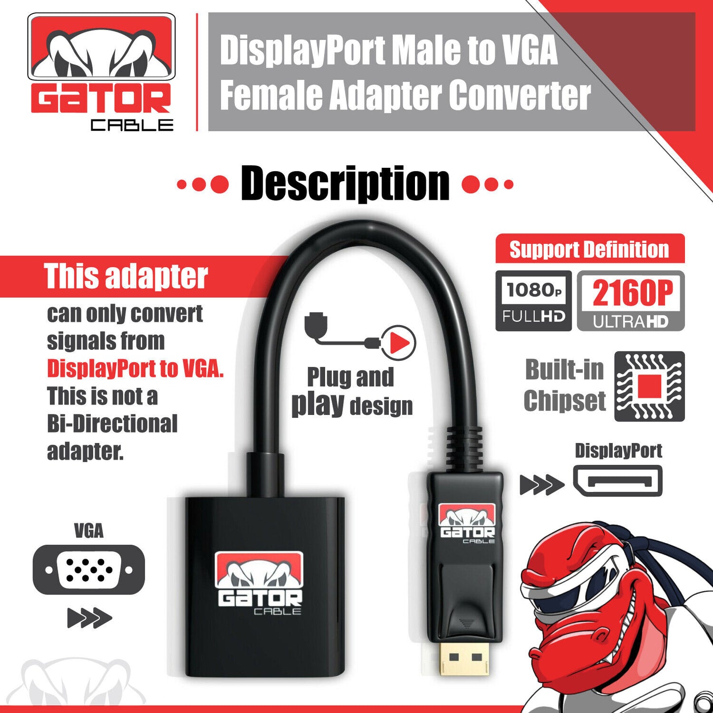 Display Port to VGA Adapter Converter Cable Video HDTV PC Monitor Desktop UHD