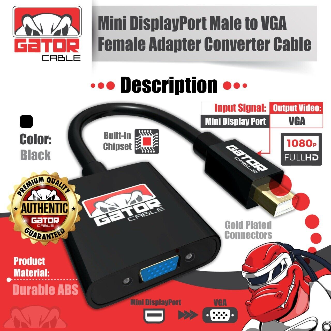 Mini Display Port DP To VGA Adapter Converter Thunderbolt For MacBook Mac AirPro