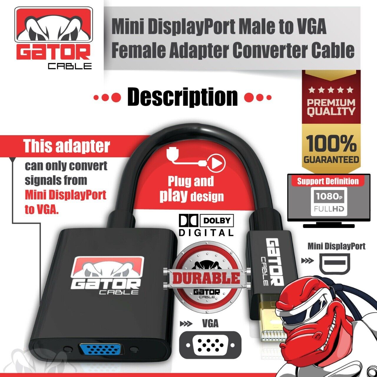 Mini Display Port DP To VGA Adapter Converter Thunderbolt For MacBook Mac AirPro