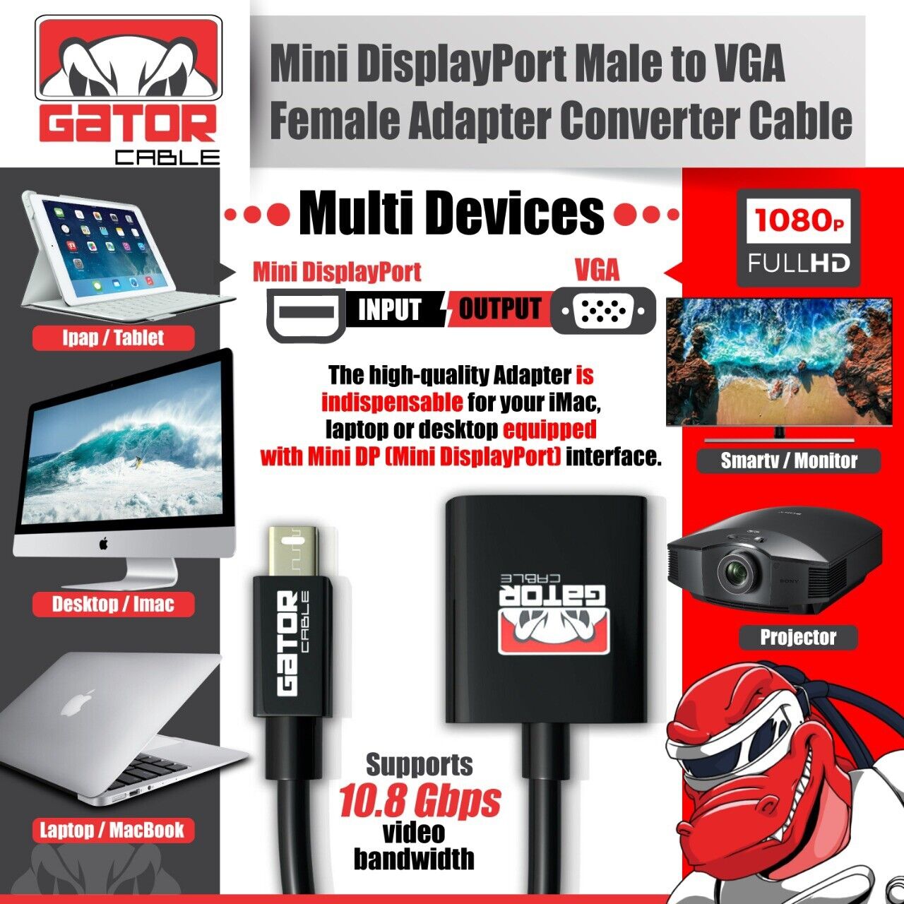 Mini Display Port DP To VGA Adapter Converter Thunderbolt For MacBook Mac AirPro