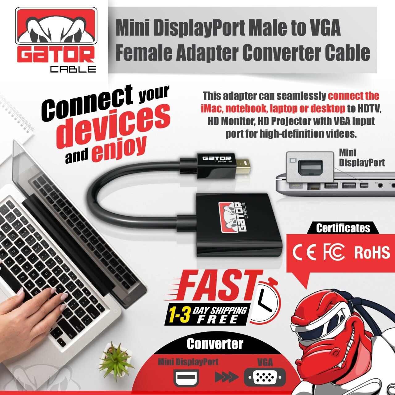 Mini Display Port DP To VGA Adapter Converter Thunderbolt For MacBook Mac AirPro