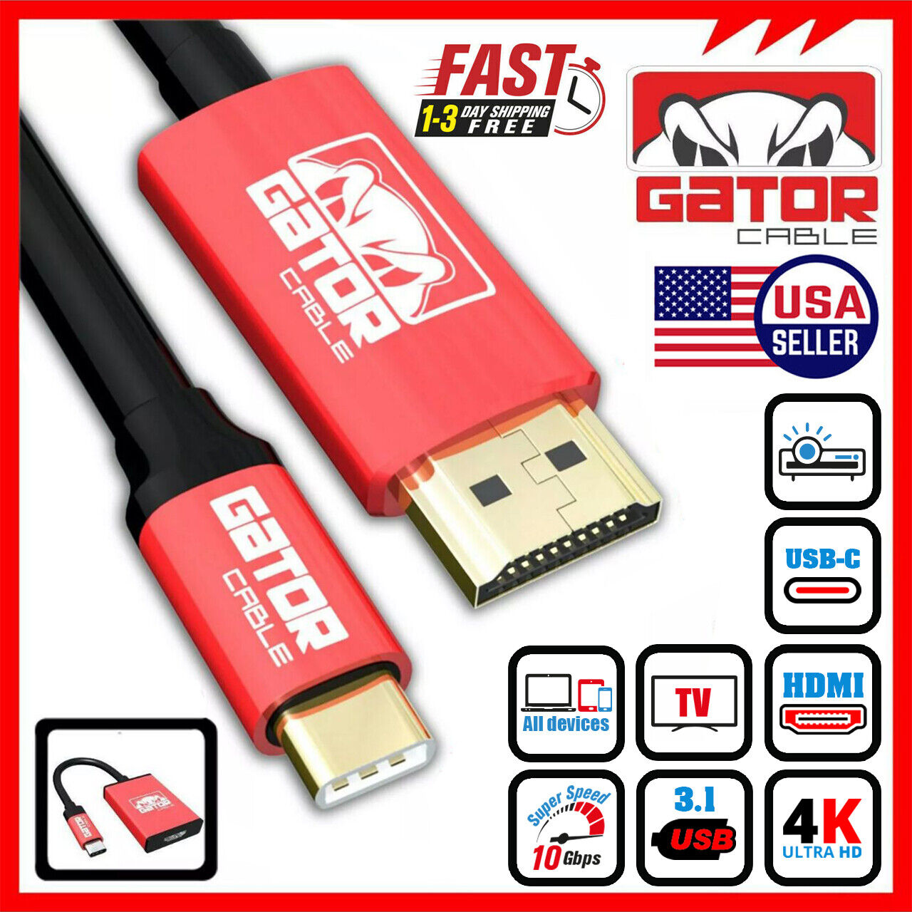 USB-C to HDMI Cable Adapter HDTV 4K 60Hz for Samsung LG MacBook Android iPhone
