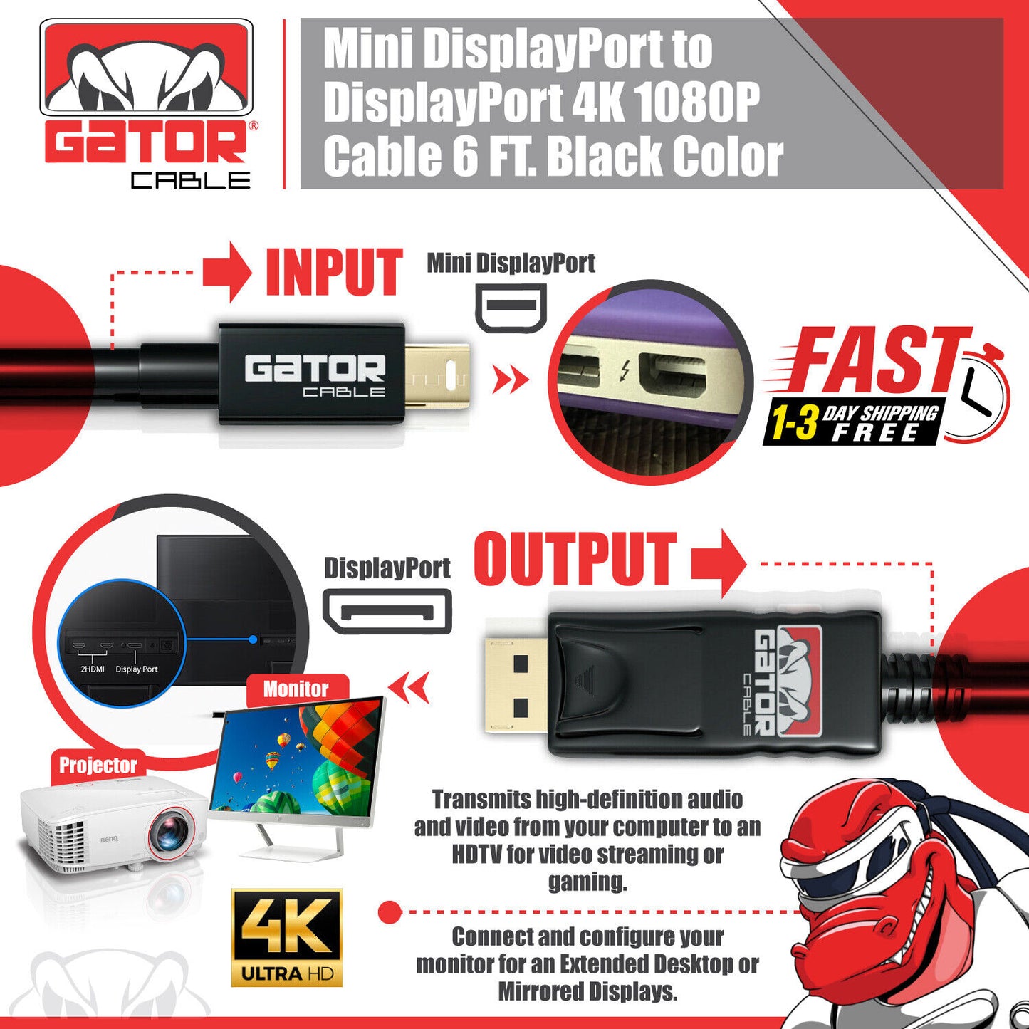 Mini DisplayPort to DisplayPort Cable Mini DP to DP Adapter HD Video 4K 60Hz 6FT