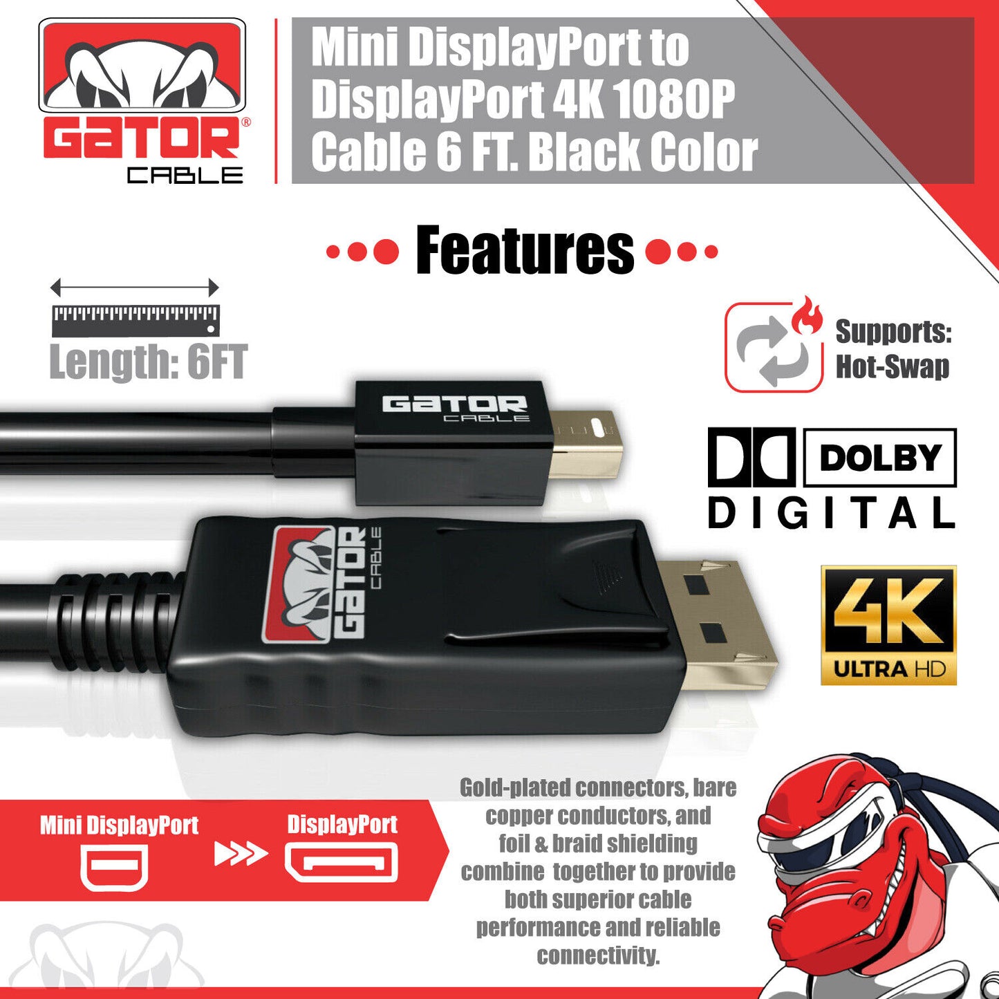 Mini DisplayPort to DisplayPort Cable Mini DP to DP Adapter HD Video 4K 60Hz 6FT
