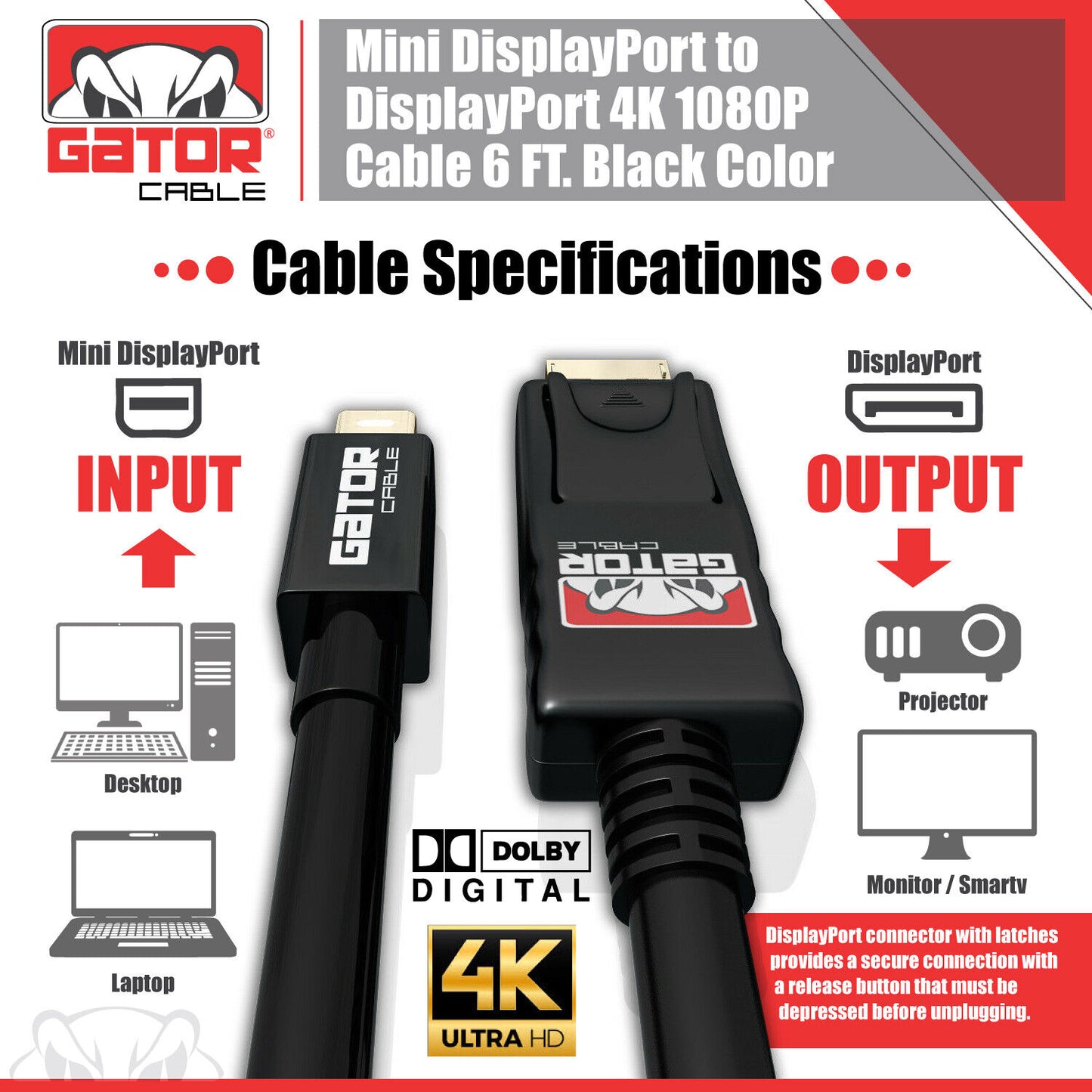 Mini DisplayPort to DisplayPort Cable Mini DP to DP Adapter HD Video 4K 60Hz 6FT