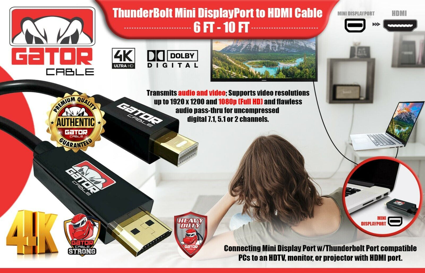 Mini DisplayPort to DisplayPort Cable Mini DP to DP Adapter HD Video 4K 60Hz 6FT