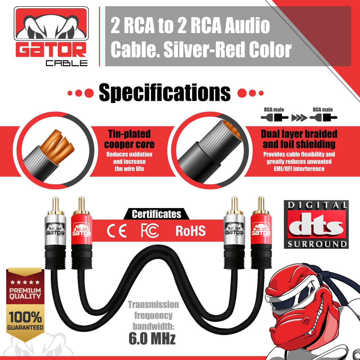 2RCA to 2RCA Male Stereo Audio Patch Coaxial Cable Cord L/R Gold Plated Plug