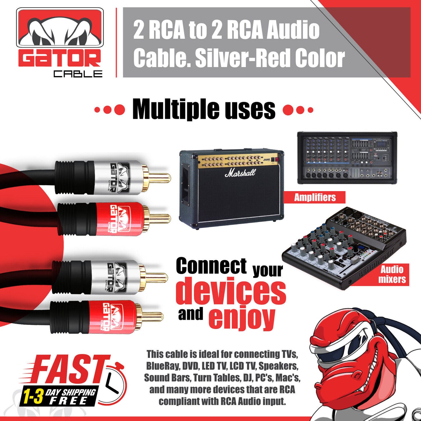 2RCA to 2RCA Male Stereo Audio Patch Coaxial Cable Cord L/R Gold Plated Plug