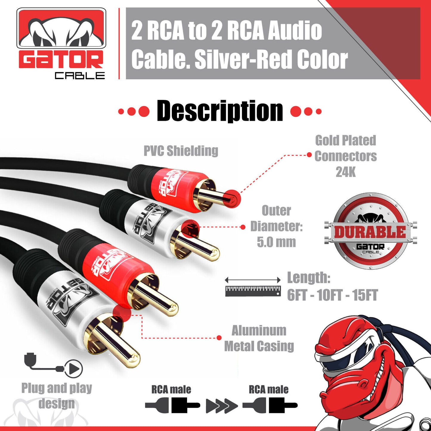 2RCA to 2RCA Male Stereo Audio Patch Coaxial Cable Cord L/R Gold Plated Plug
