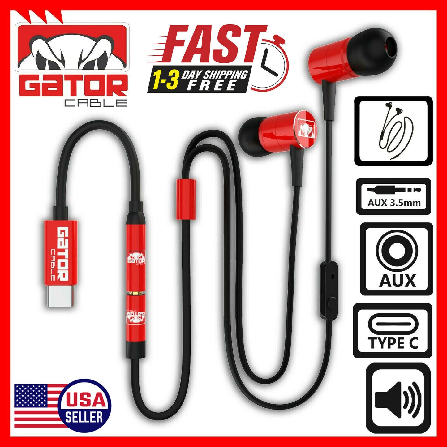 USB-C Wired Earphones Headphones Earbuds Bass Stereo Microphone AUX Adapter Red