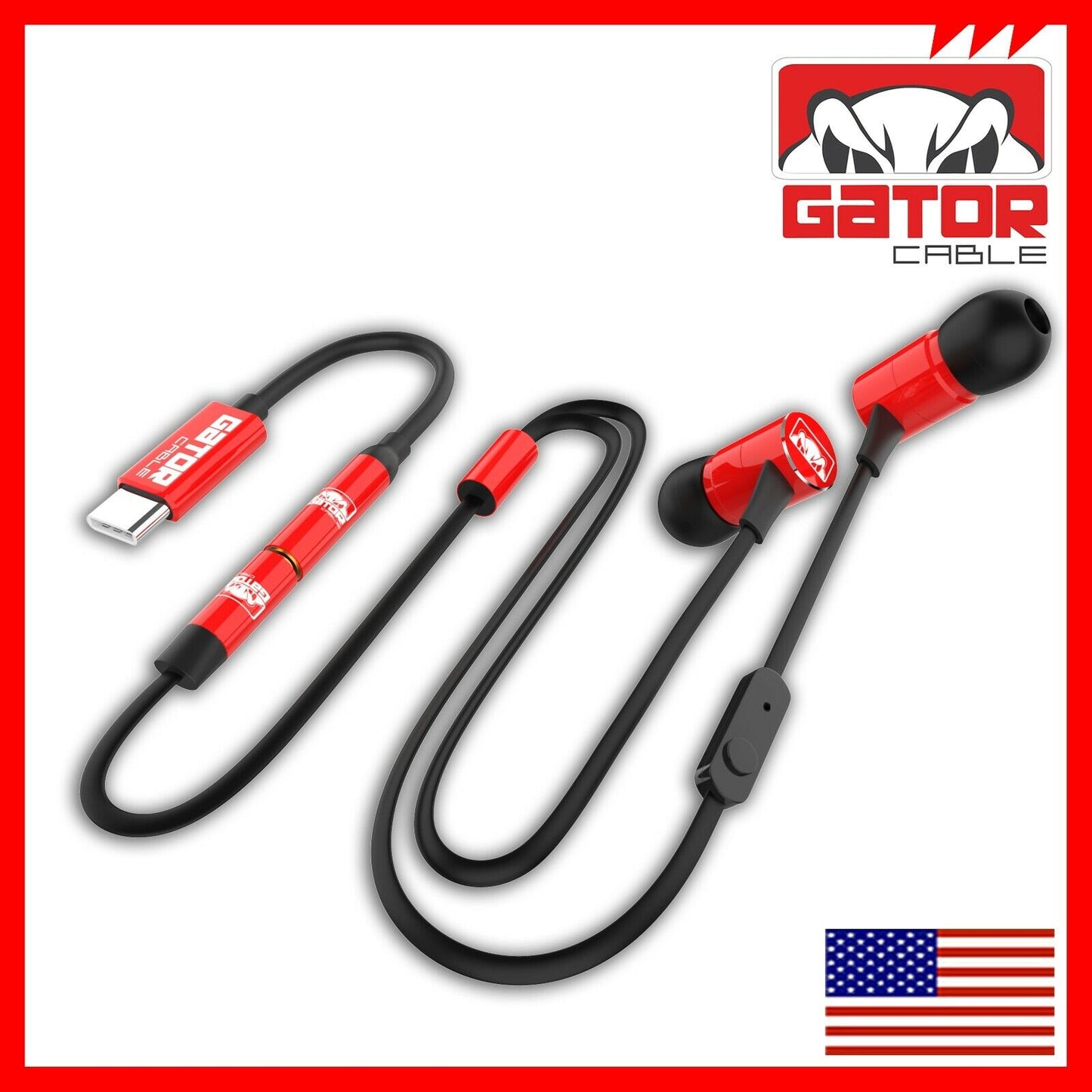 USB-C Wired Earphones Headphones Earbuds Bass Stereo Microphone AUX Adapter Red