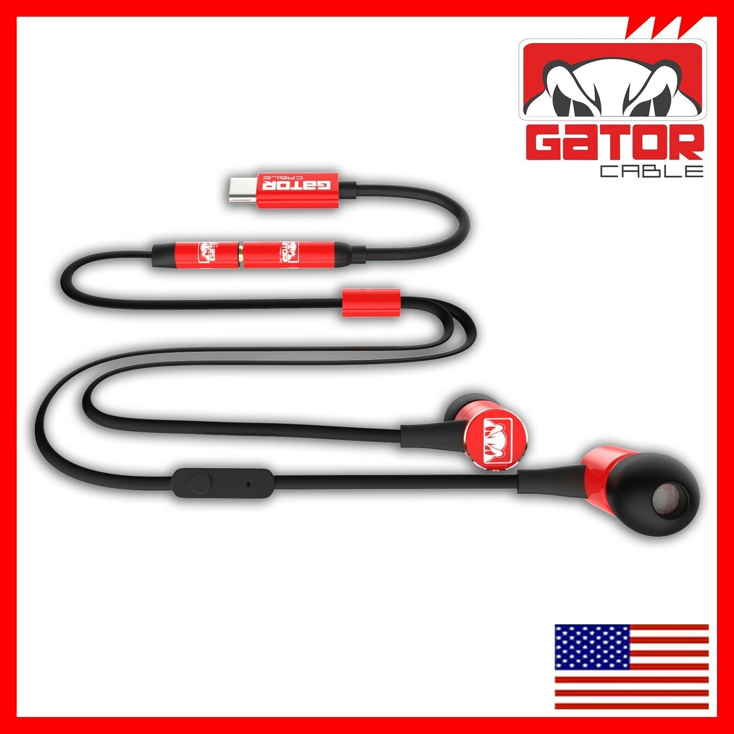 USB-C Wired Earphones Headphones Earbuds Bass Stereo Microphone AUX Adapter Red