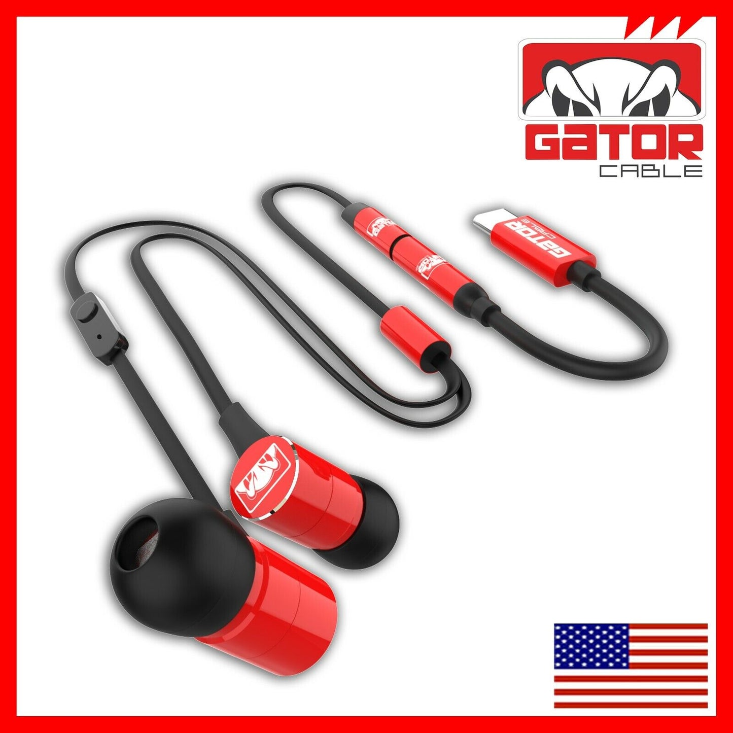 USB-C Wired Earphones Headphones Earbuds Bass Stereo Microphone AUX Adapter Red