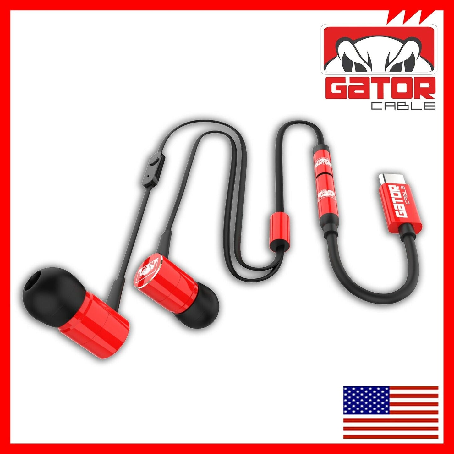 USB-C Wired Earphones Headphones Earbuds Bass Stereo Microphone AUX Adapter Red