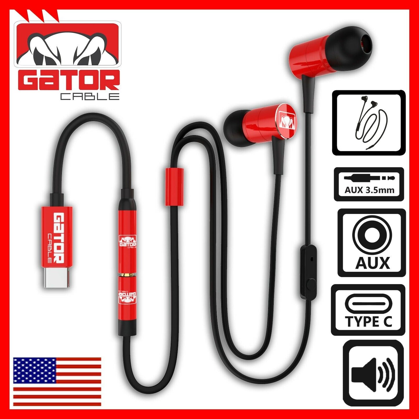 USB-C Wired Earphones Headphones Earbuds Bass Stereo Microphone AUX Adapter Red
