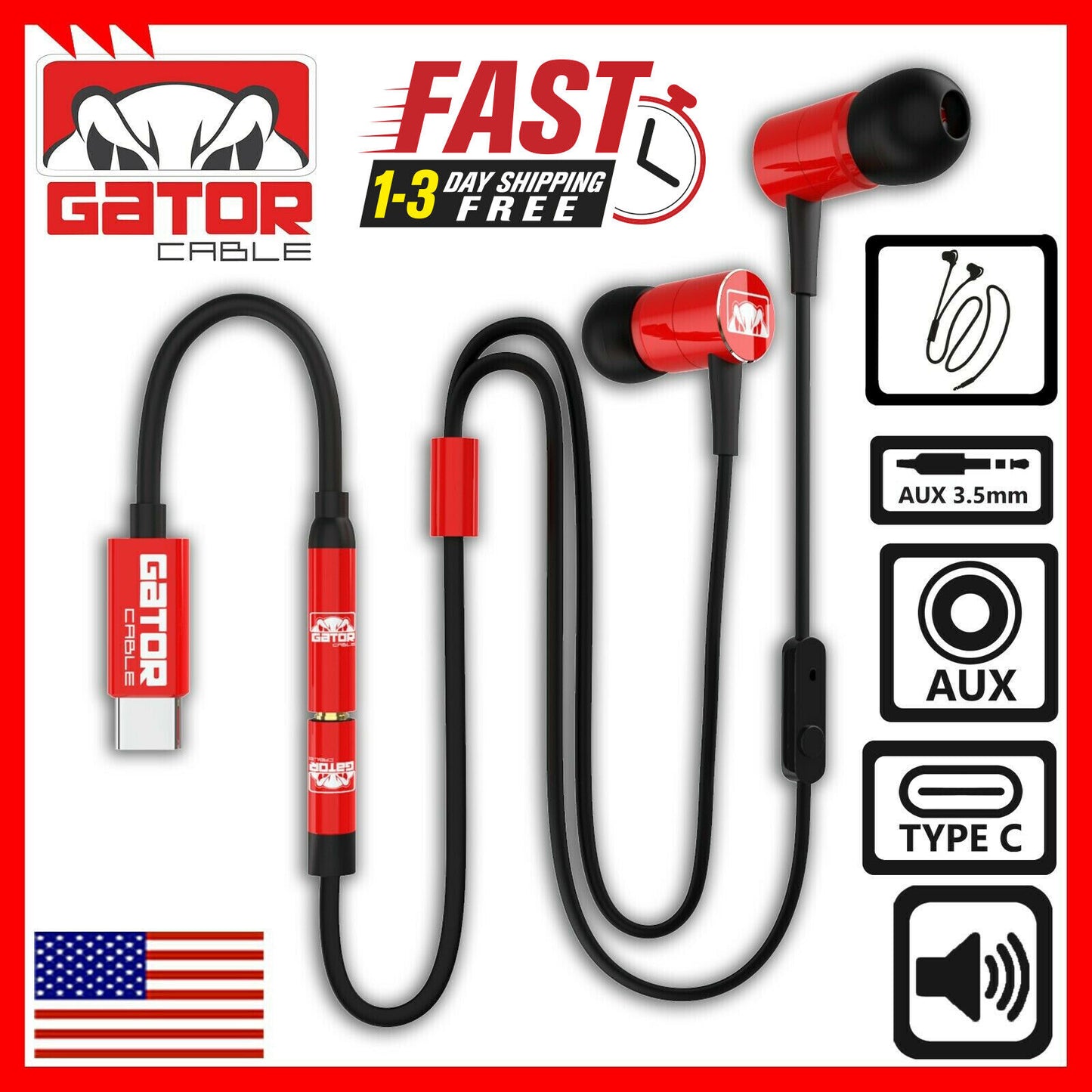 USB-C Wired Earphones Headphones Earbuds Bass Stereo Microphone AUX Adapter Red