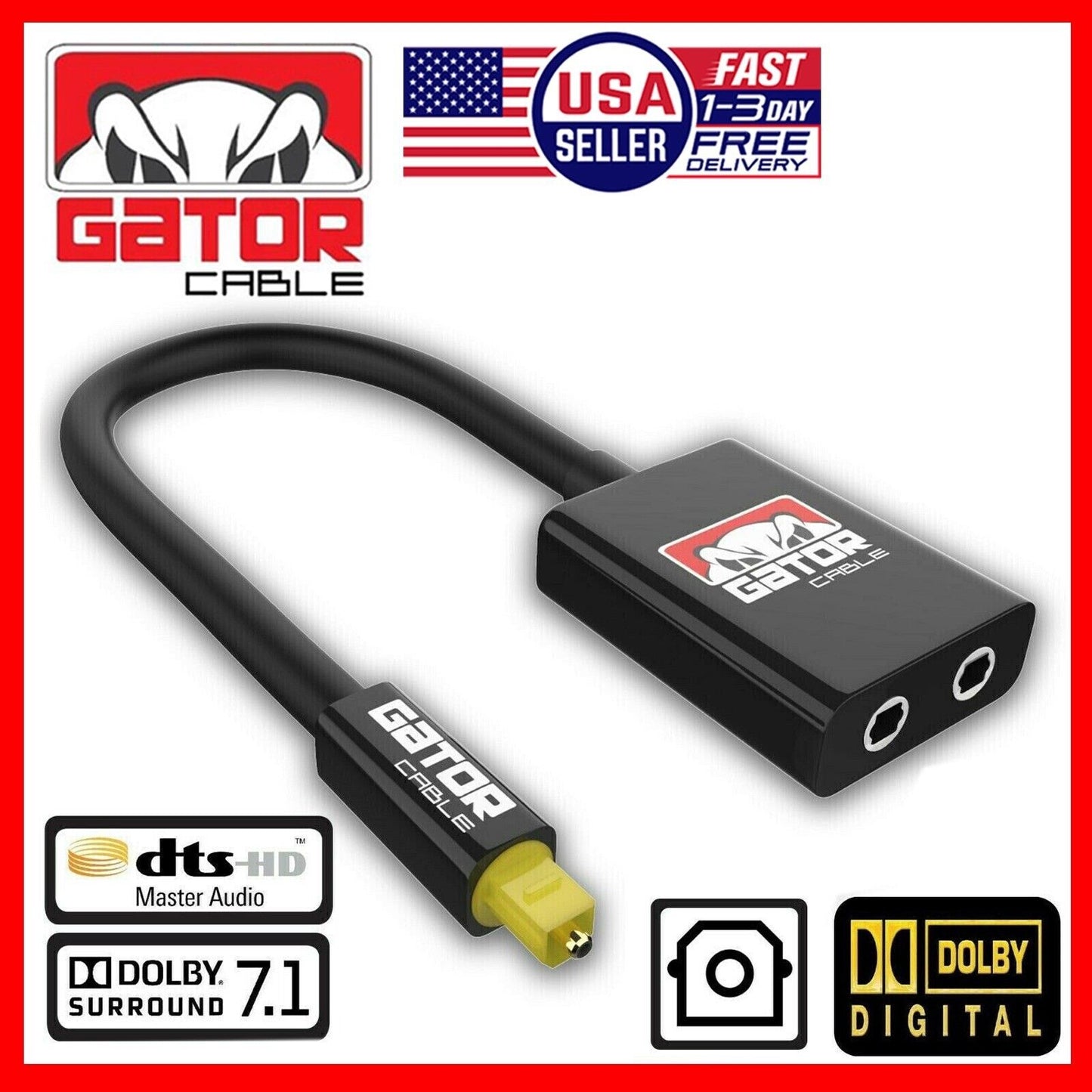 Dual Port Toslink Digital Fiber Optical Adapter Splitter Audio Cable 1 In 2 Out