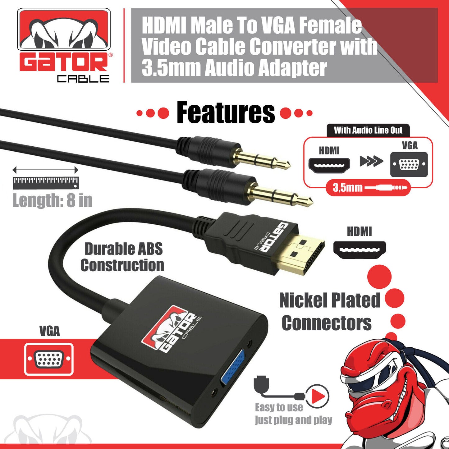 HDMI to VGA Adapter Video Audio with AUX 3.5mm Connector Cable Converter 1080P