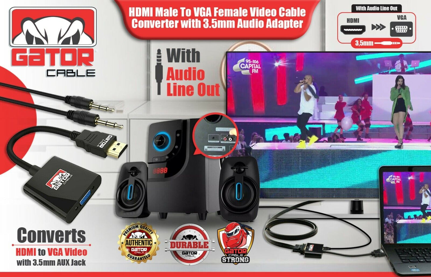 HDMI to VGA Adapter Video Audio with AUX 3.5mm Connector Cable Converter 1080P
