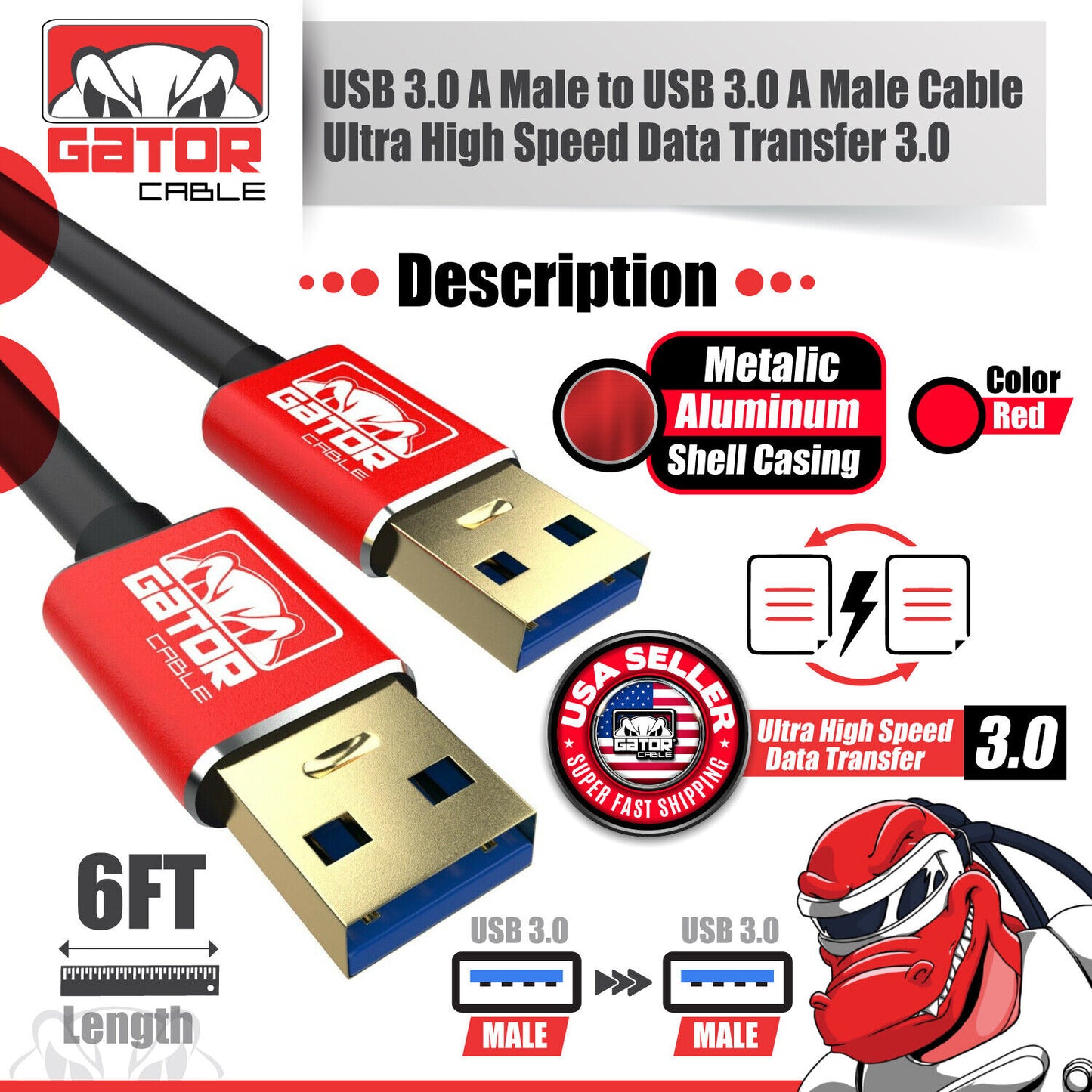 USB 3.0 A Male to A Male Cable Data Transfer Super Speed Power Charger Metal 6FT