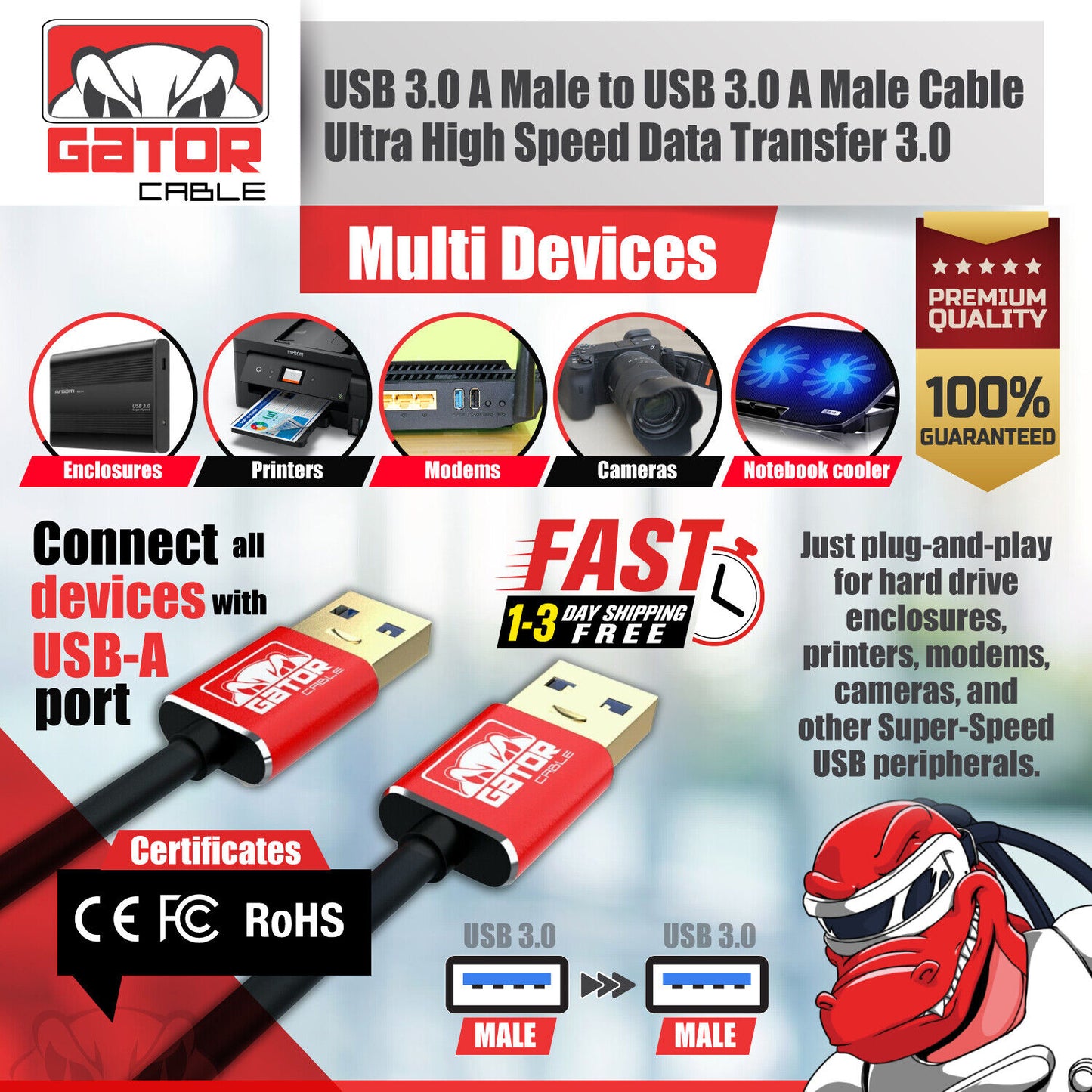 USB 3.0 A Male to A Male Cable Data Transfer Super Speed Power Charger Metal 6FT